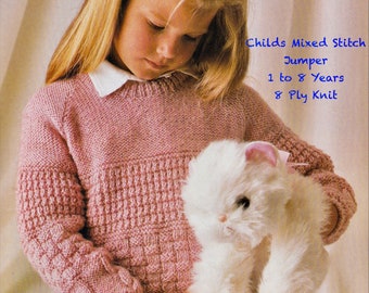 Childs Round-Neck Jumper Knitting Pattern, Mixed Knit Cable, Garter & Rib. 8-Ply Double Knit. Child 1 to 8 Years. Instant Download