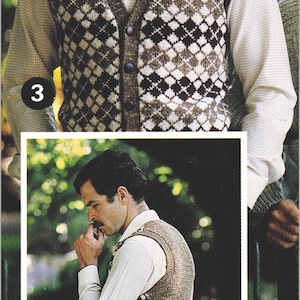 ARGYLE WAISTCOAT, Vest Knitting Pattern. V neck,  Button Front, Fair Isle Design, 3 Colours. Double Knit/ 8-Ply. 6 Sizes.Instant Download