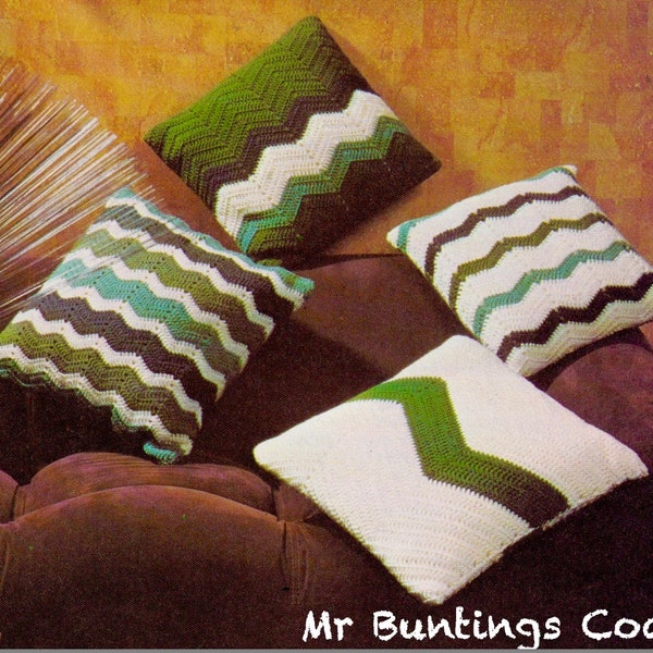 Four CUSHIONS Crochet Pattern, Waves/ Ripple Design, Colour Blocks, Retro Pillows. Square 40.5cm (16"). Digital Download