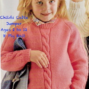 Childs Cabled Jumper Knitting Pattern, Round Neck & Raglan Sleeves. Double Knit /8 Ply. Sizes 2-4-6-8-10-12 Years. Instant Download