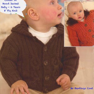 CABLED JACKET - Hood or Collar Knitting Pattern. Double Knit/8 ply, Faux Fur Collar. 5 Sizes 3-6 months to 6 years. Instant Download