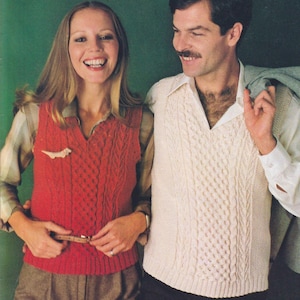 His &#39;n Hers Traditional ARAN Vest Knitting Pattern, Pullover style, V-neckline, Double Knit/8-Ply Yarn. Instant Download