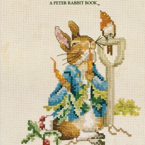 Może przedstawiać: Ilustracja haftu krzyżykowego Piotrusia Królika z "The Tale of Peter Rabbit" autorstwa Beatrix Potter. Obraz przedstawia Piotrusia Królika w niebieskiej kurtce, trzymającego marchewkę, z ptakiem na znaku. Okładka książki ma zielony tekst na kremowym tle.