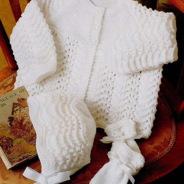 Babies FEATHER and FAN Matinee Coat, Bonnet & Mitts Knitting Pattern in 5 Sizes. To Fit Prem Baby to 1 Year. Instant Download