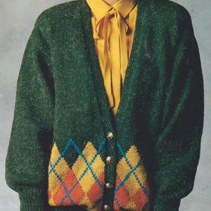 ARGYLE V-Neck Cardigan Knitting Pattern. Relaxed Fit. 4 Colours. Double Knit (8 ply) Yarn. Sizes P-S-M-L. Download