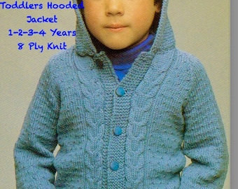 Cable and HOODED Jacket Knitting Pattern, Hoodie, Button Front. Double Knit/ Lt Worsted (8 Ply). Sizes 1-2-3-4 Years. Easy Download