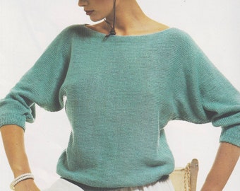 Casual Fit Summer Jumper Knitting Pattern, EASY 1 Piece Design, Batwing Sleeves, Cotton Yarn. Sizes 8 - 16. Beginners Knit. Instant Download