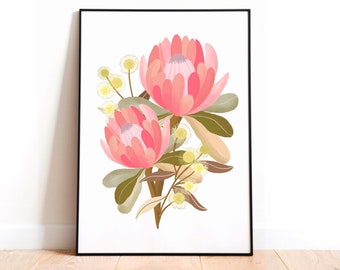 Australian Native Flower Protea and Wattle Art Print Wall Decor, Pink Protea and Wattle Art Print Home Decor,Beautiful Botanical Print