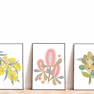 A Set of 3 Australian Native Flower Art Prints Home Decor, Wattle, Banksia, Gumnut Art Print Wall Decor