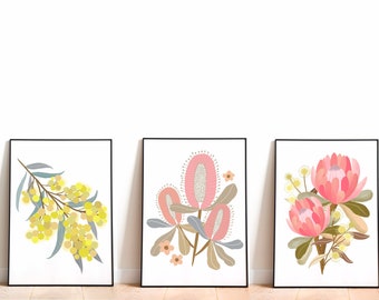 A set of 3 beautiful Australian Native Flowers Art Print (1.Wattle 2.Banksia 3.Pink Protea ) , Botanical Art Print Wall Decor