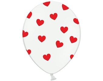 10 white balloons with red hearts 30 cm