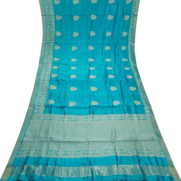Vintage Blue Sarees 100% Pure Silk Woven Indian Sari 5YD Craft Fabric