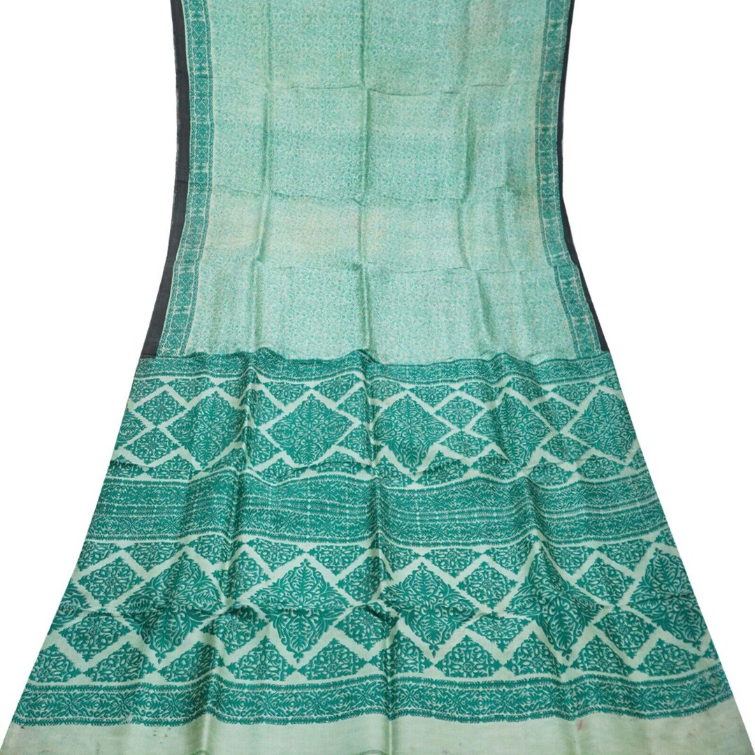 Indian Vintage Sari Green Pure Silk Printed Sarees 5yd Sewing Craft Fabric Dress Making  Soft Floral Wrap Upcycle Used Quilting Crafting