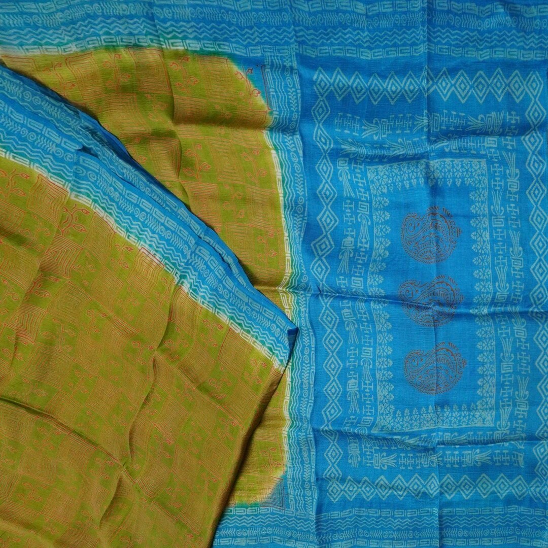 Indian Vintage Beige & Green Saree Pure Silk Printed Indian Sari Fabric 5yd Sewing Craft Fabric DressMaking Soft main image 1