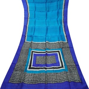 Vintage Blue Sarees 100% Pure Silk Printed Indian Sari 5YD Craft Fabric