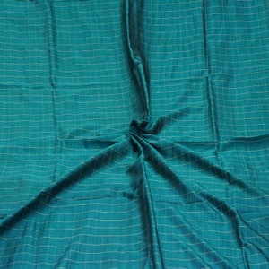 Vintage Teal 100% Pure Silk Handloom Checks Sari Remnant 5YD Craft Fabric Silk Scrap