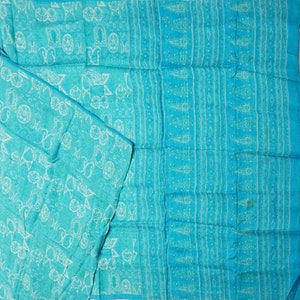 Vintage Blue Sarees 100% Pure Silk Printed Sari 6YD Soft Craft Fabric