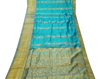 Vintage Blue Sarees 100% Pure Silk Zari Handwoven Big Border Rich Pallu Sari 6YD Craft Fabric