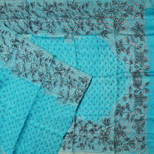 Vintage Blue Sarees 100% Pure Silk Printed Floral Sari 5YD Craft Fabric
