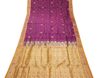 Vintage Purple Sarees 100% Pure Silk Zari Handwoven Embroidered Sari 5YD Craft Decor Fabric