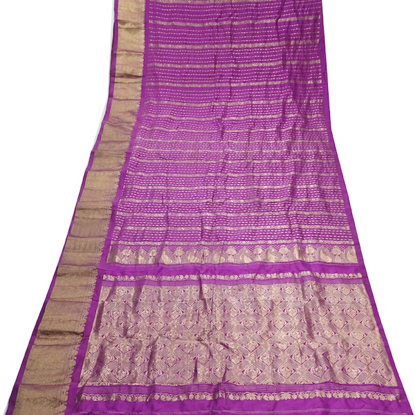 Vintage Purple Sarees 100% Pure Silk Full Zari Handloom Heavy Wedding Sari 5YD Craft Fabric