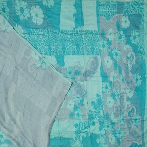 Vintage Blue Sarees 100% Pure Silk Floral Printed Sari 5YD Craft Fabric