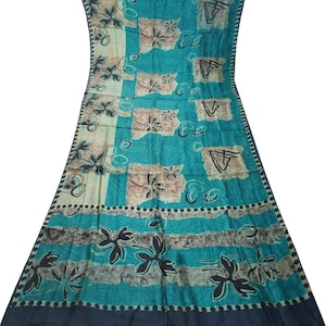 Vintage Blue Sarees 100% Pure Silk Floral Printed Sari 5YD Craft Fabric