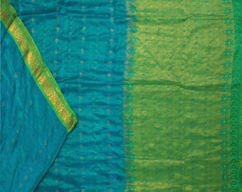 Vintage Blue Sarees 100% Pure Silk Floral Zari Border Hand-Woven Sari 5YD Craft Fabric