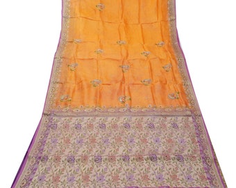 Vintage oranje sari's 100% pure zijde geweven handgeborduurde Sari 5YD ambachtelijke stof