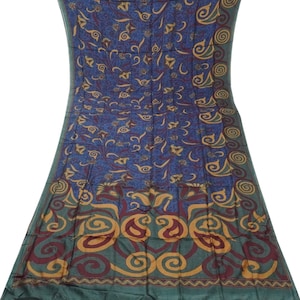 Vintage Blue Sarees 100% Pure Silk Floral Printed Sari 5YD Craft Fabric