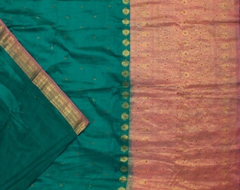 Vintage Teal Green Sarees 100% Pure Silk Zari Handloom Premium Sari 5YD Craft Fabric