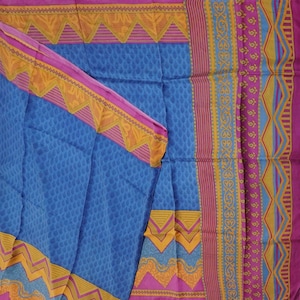 Vintage Blue Sarees 100% Pure Silk Printed Sari 5YD Floral Craft Fabric