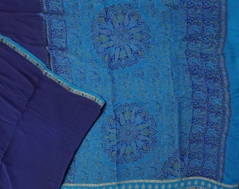 Vintage Blue Sarees 100% Pure Crepe Silk Printed Zari Border Sari 5YD Craft Fabric