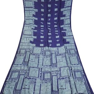 Vintage Blue Sarees 100% Pure Silk Human Printed Sari 6YD Craft Fabric