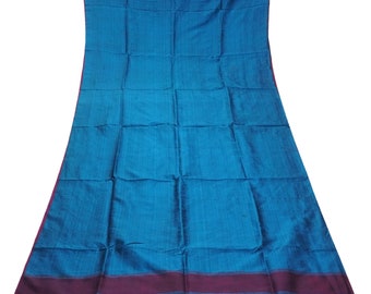 Vintage Blue 100% Pure Silk Handloom Plain Sari Remnant 5YD Craft Fabric Silk Scrap