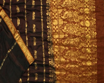 Vintage Brown With Black Dual Tone Sarees 100% Pure Silk Zari Hand-Woven Sari 5YD Craft Fabric