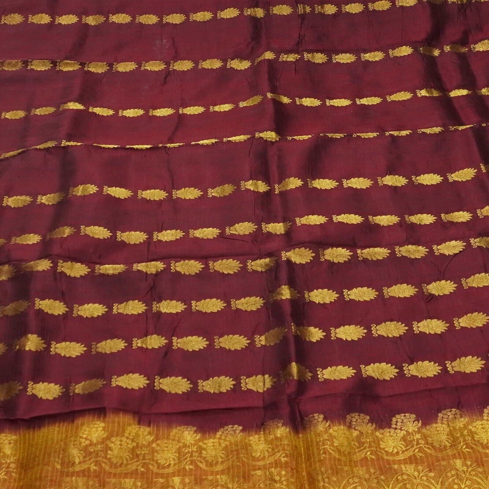Sari Ancien En Soie Pure 100% Bordeaux Tissé Main - 3,7 M X 1 M Environ, Tissu Vintage Indien