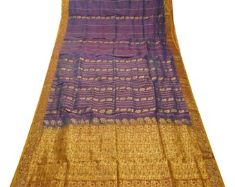 Vintage Purple Dual Tone Sarees 100% Pure Silk Floral Zari Butta Woven Sari 5YD Craft Fabric