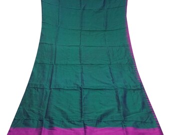 Vintage 5YD Green 100% Pure Silk Handloom Plain Sari Remnant Craft Fabric Silk Scrap