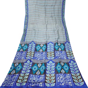 Vintage Blue Sarees 100% Pure Silk Printed Floral Craft Fabric Indian 5YD Sari