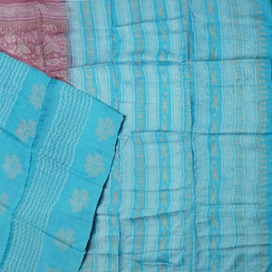 Vintage Blue Sarees 100% Pure Silk Printed Indian Sari 5YD Craft Fabric
