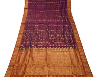 Vintage Purple Dual Tone Sarees 100% Pure Silk Floral Zari Butta Woven Sari 5YD Craft Fabric