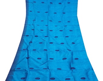 Vintage 5YD Blue 100% Pure Silk Handwoven Sari Remnant Craft Fabric Silk Scrap