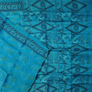 Vintage Blue Sarees 100% Pure Silk Printed Indian Sari 5YD Craft Fabric