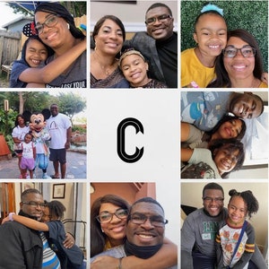 May include: A collage of photos featuring a family with a large letter C in the center. The photos show the family in various settings, including a park, a restaurant, and a Disney theme park. The family is smiling and appears to be happy.