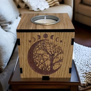 Wicca, Moon Phases, Wooden Candle Holder, Tealight Holder, Moon,Tree of Life, Pentagram Design, Alter Candle, Witch Spell Candle