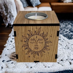 Kerze, Sonne, Holzkerzenhalter, Teelichthalter,Sun Design,Alterskerze,Hexenzauberkerze,Meditationskerzenhalter