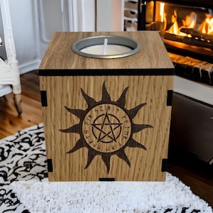 Wiccan White Pentacle Sun Symbol, Wooden Candle Holder, Tealight Holder, Alter Candle, Runic Candle Holder, Witchy Gift