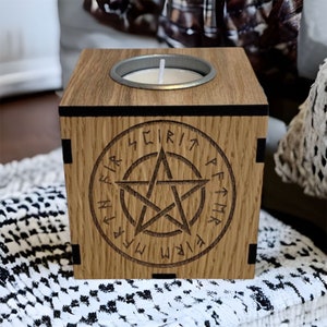 Wiccan White Pentacle Symbol, Wooden Candle Holder, Tealight Holder, Alter Candle, Runic Candle Holder, Witchy Gift