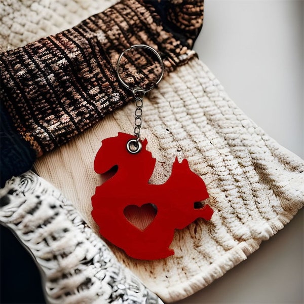 Squirrel, Squirrel Keychain, Wood, Red Acrylic, Squirrel With Heart, Red Squirrel Keyring, Bag Charm & Accessories